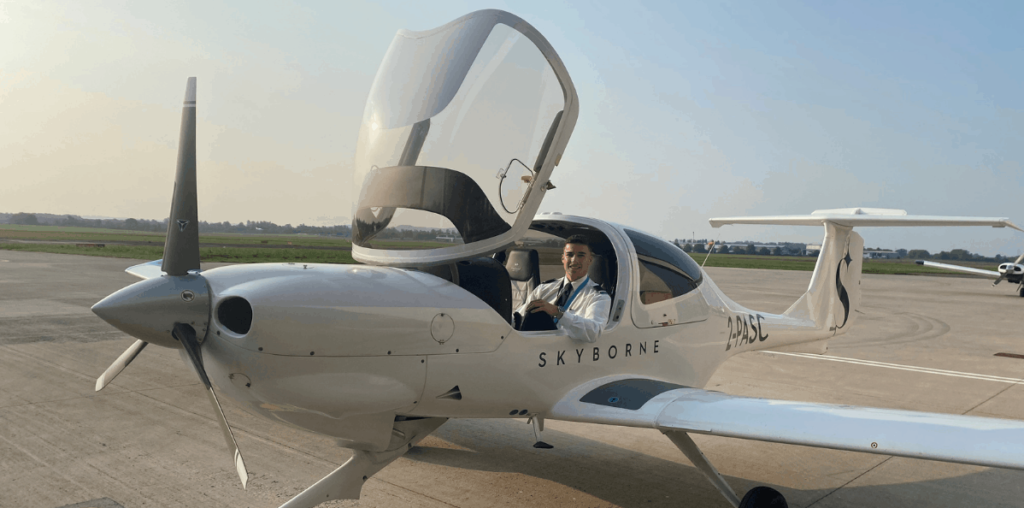 Skyborne Cadet Pilot Thomas Vaughan in the cockpit